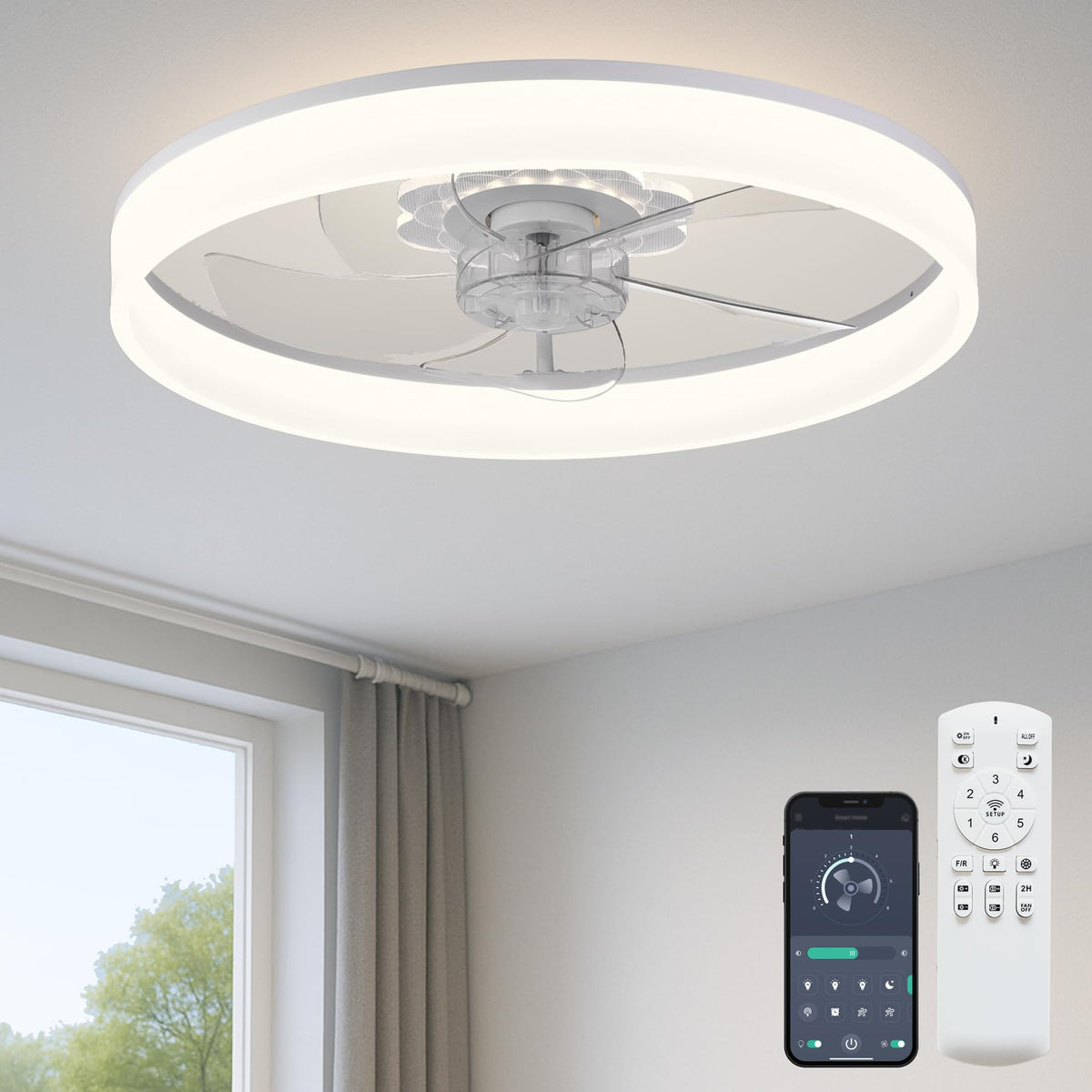 Fszdorj F116 white ceiling fan front view, flush mount design for modern bedrooms
