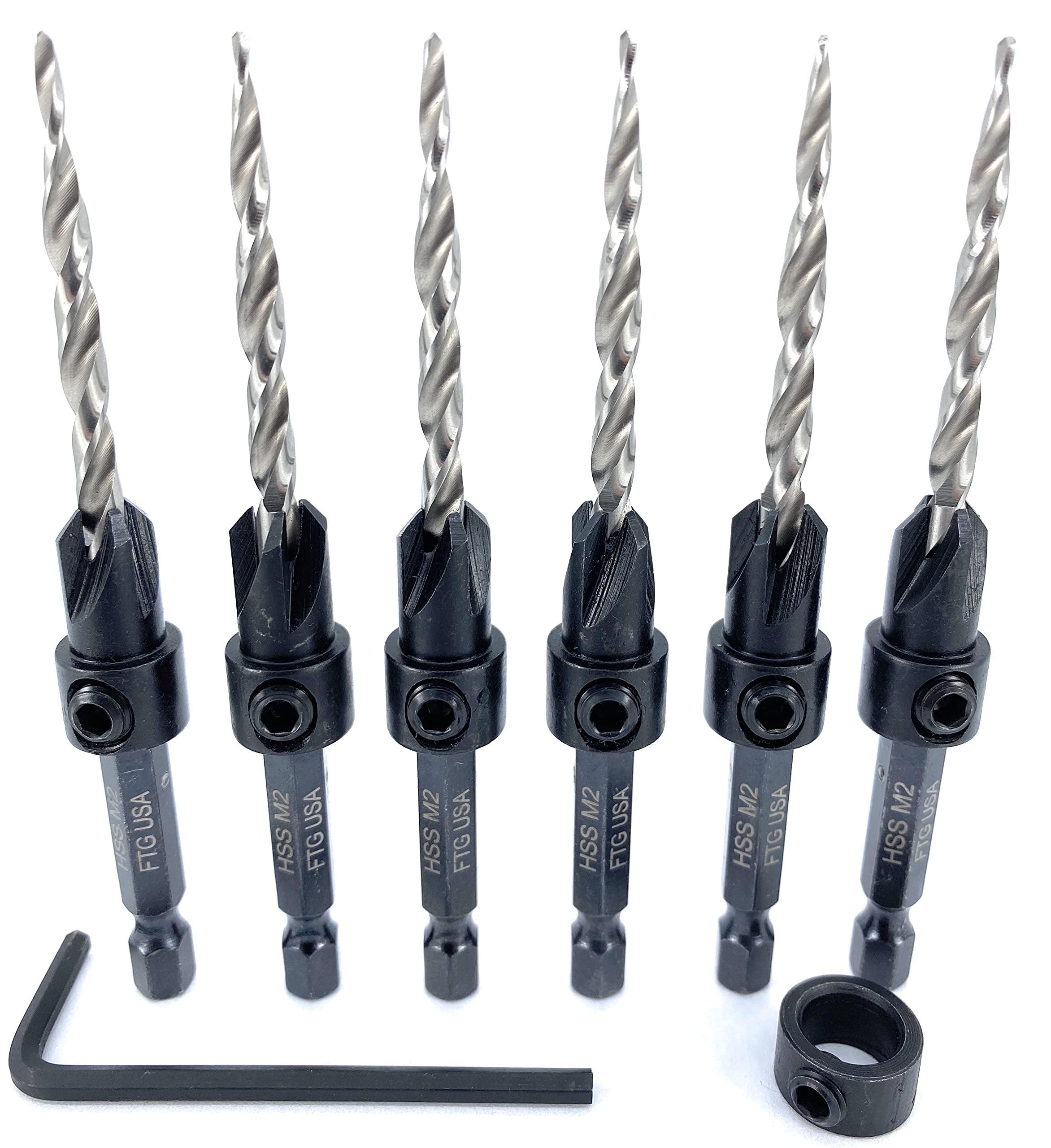 FTG USA 6 Pc #8 countersink drill bit set with depth stop collar for precise screw prep