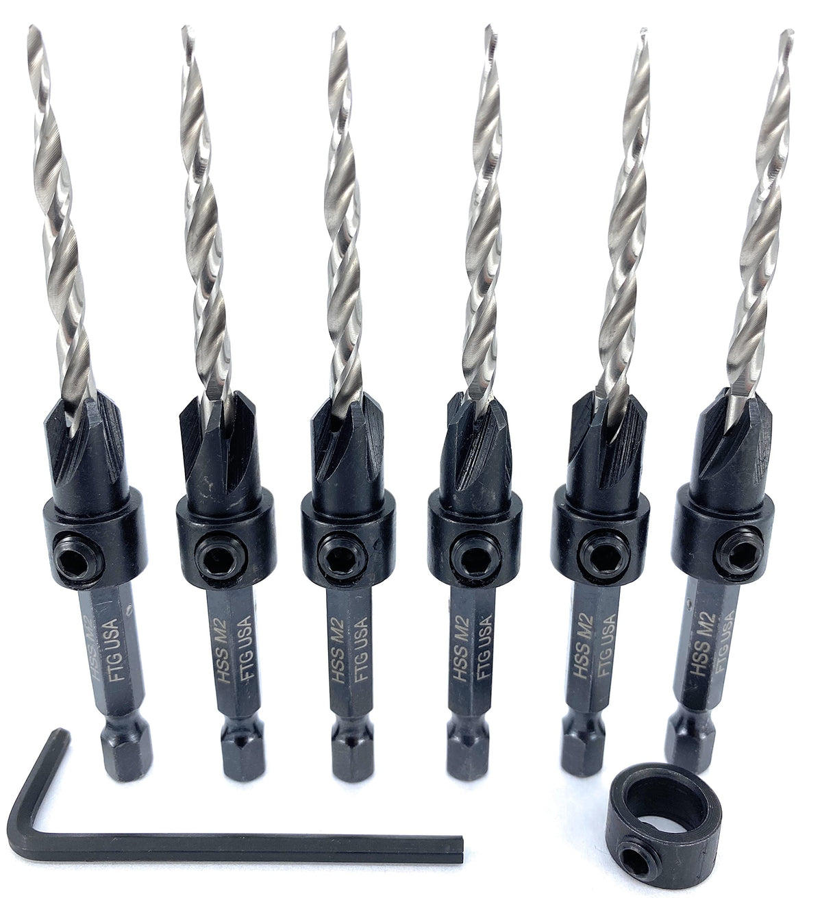 FTG USA 6 Pc #8 countersink drill bit set with depth stop collar for precise screw prep