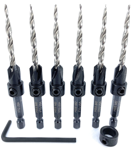 FTG USA 6 Pc #8 countersink drill bit set with depth stop collar for precise screw prep