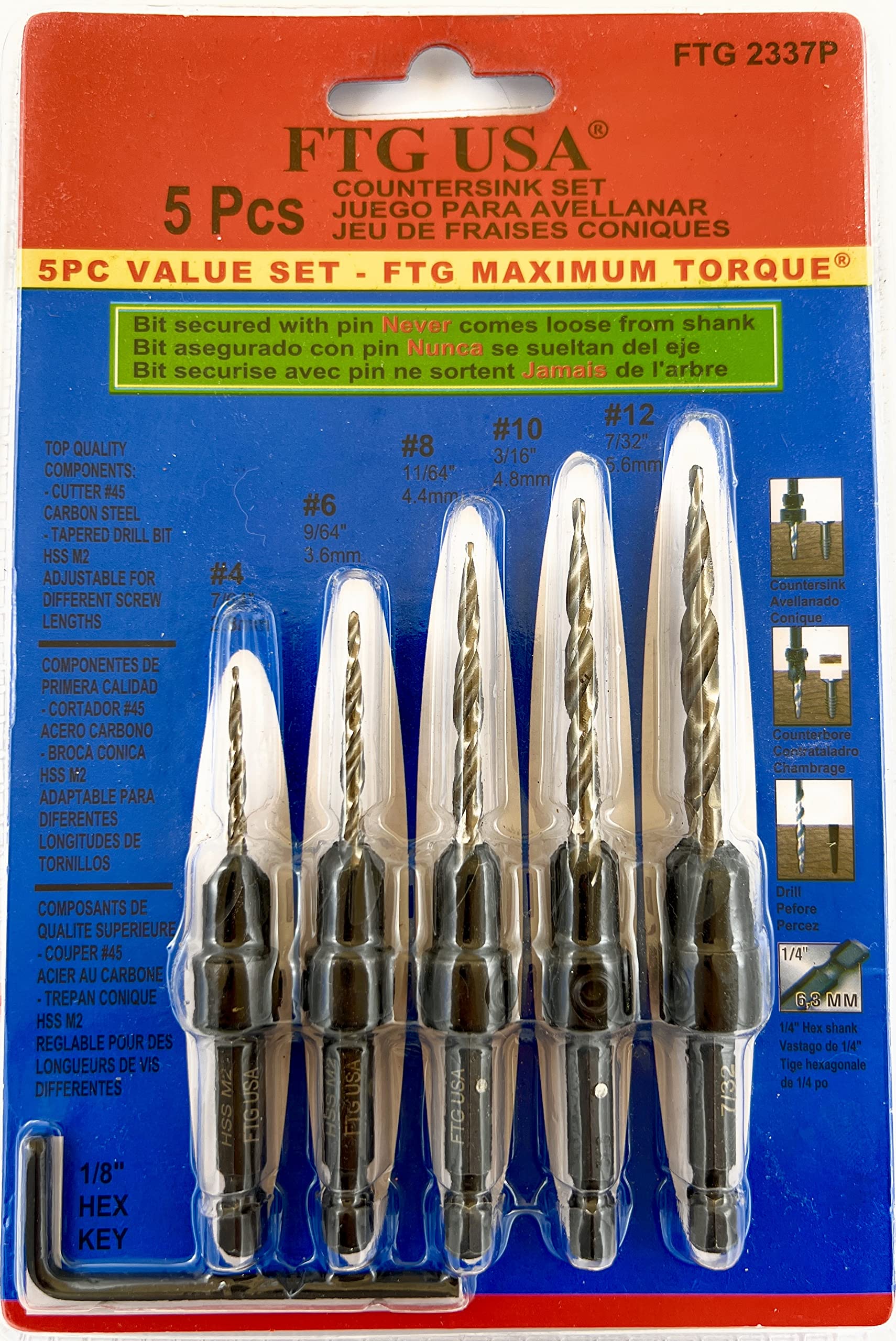 FTG USA Countersink Drill Bit Set showing pilot holes for fast screw seating.