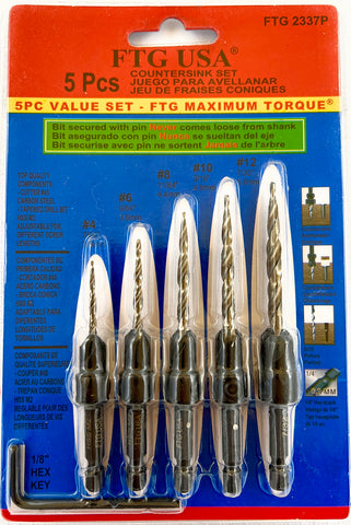FTG USA Countersink Drill Bit Set showing pilot holes for fast screw seating.