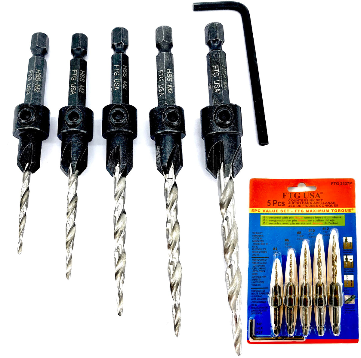 FTG USA Countersink Drill Bit Set for woodworking with clean, precise countersinks.