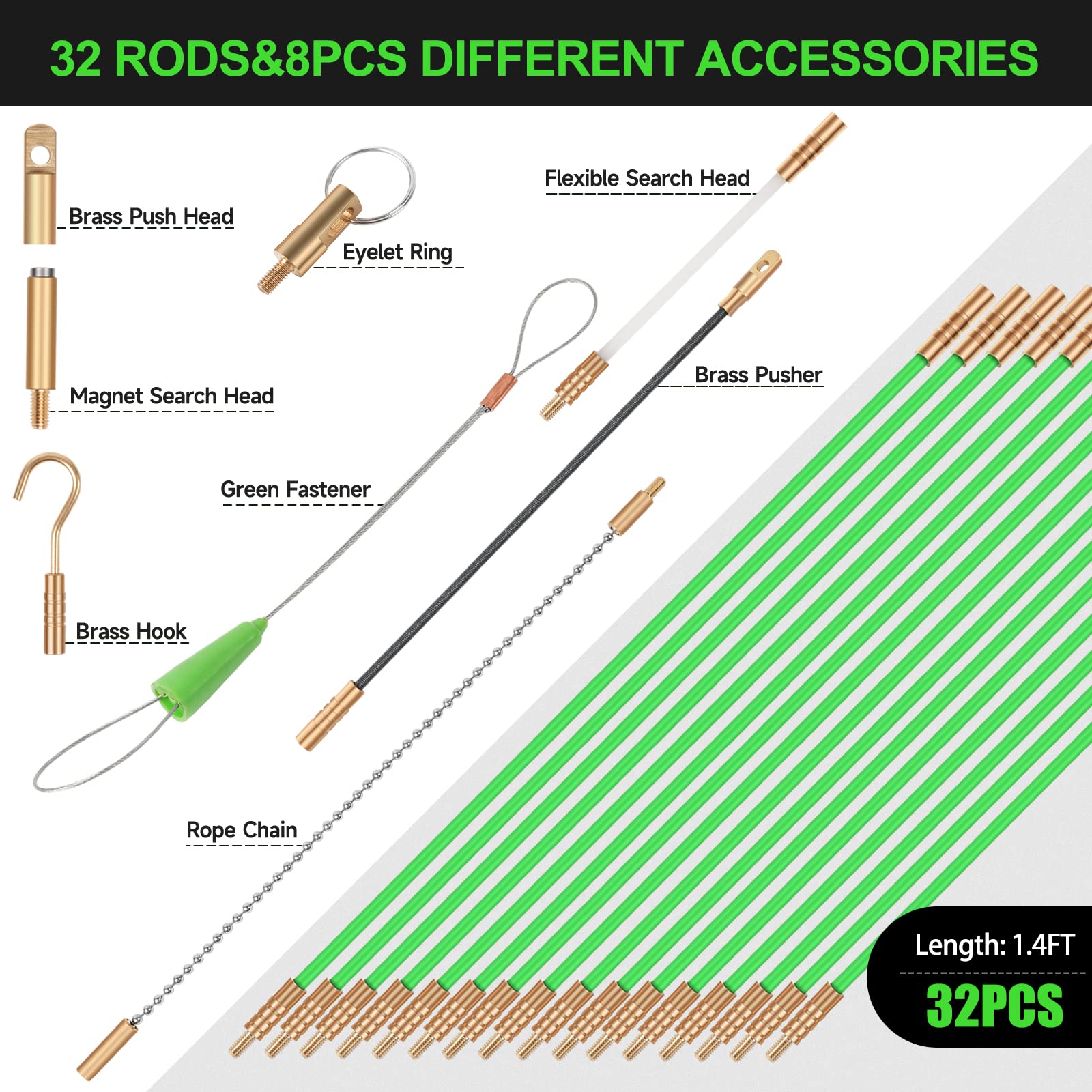 FTIHTRY 32 rods and 8 attachments enabling flexible wire pulling.
