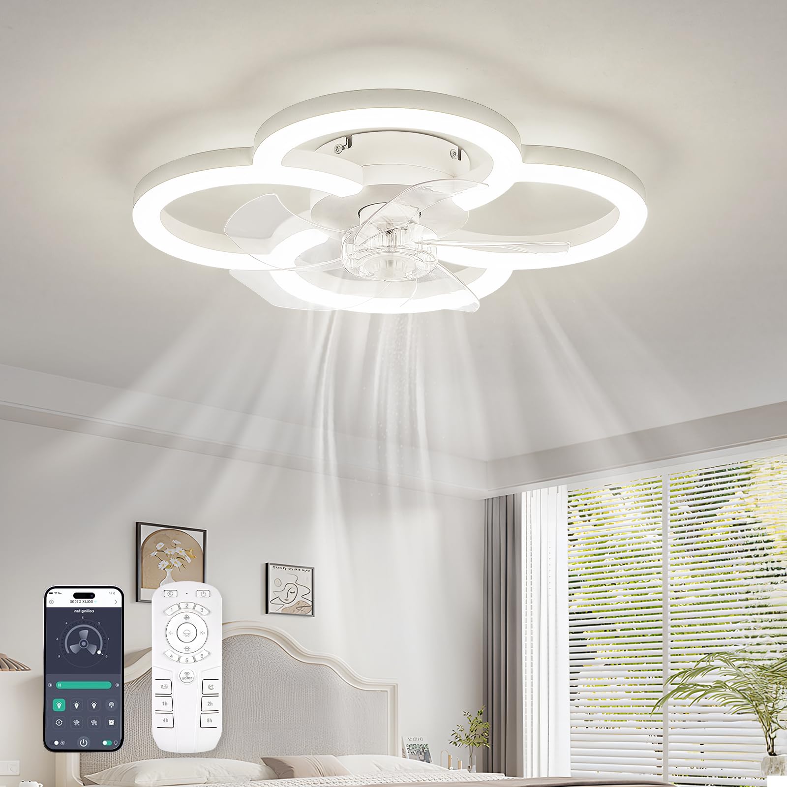 FTZVRD low-profile fandelier with integrated LED light for compact bedrooms.