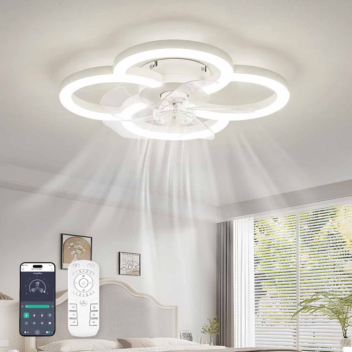 FTZVRD low-profile fandelier with integrated LED light for compact bedrooms.