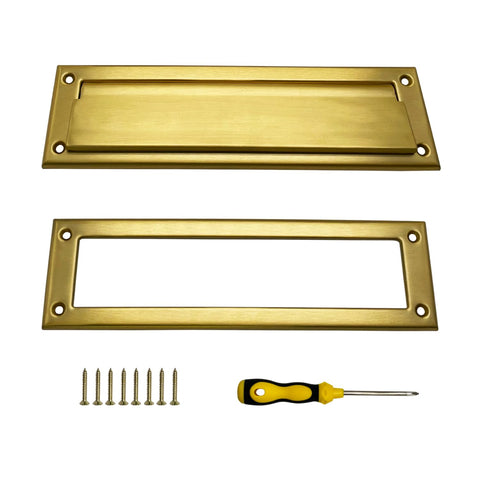 Fudatong exterior view of the 13-inch brass mail slot adds curb appeal and durability.