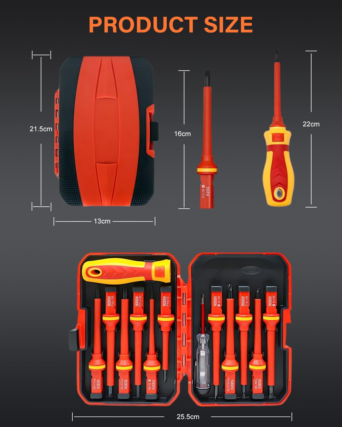 Magnetic CR-V tips securely hold screws during installation.