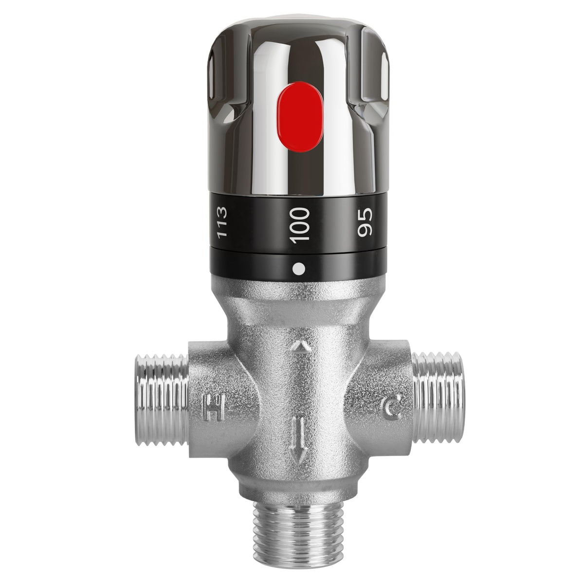 FUGO thermostatic valve chrome finish with 1/2 NPT male connections for reliable temperature control.