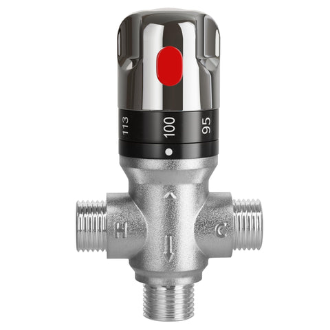 FUGO thermostatic valve chrome finish with 1/2 NPT male connections for reliable temperature control.
