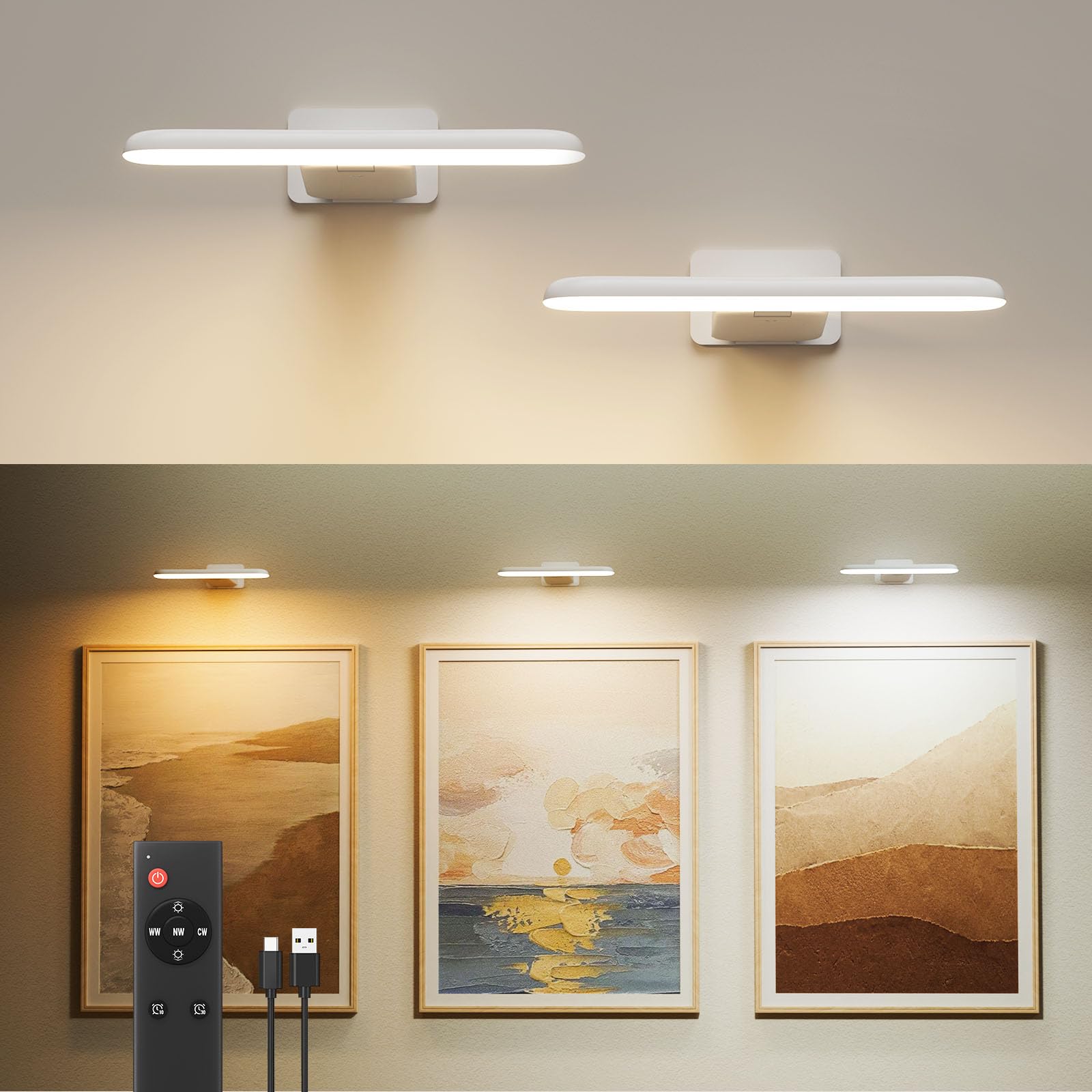 FULEN battery-operated picture lights illuminate wall art with accurate colors.
