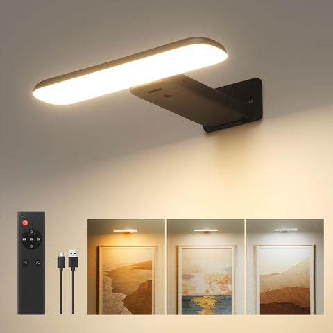 FULEN rechargeable picture light mounted on wall highlighting artwork with bright 300lm output.