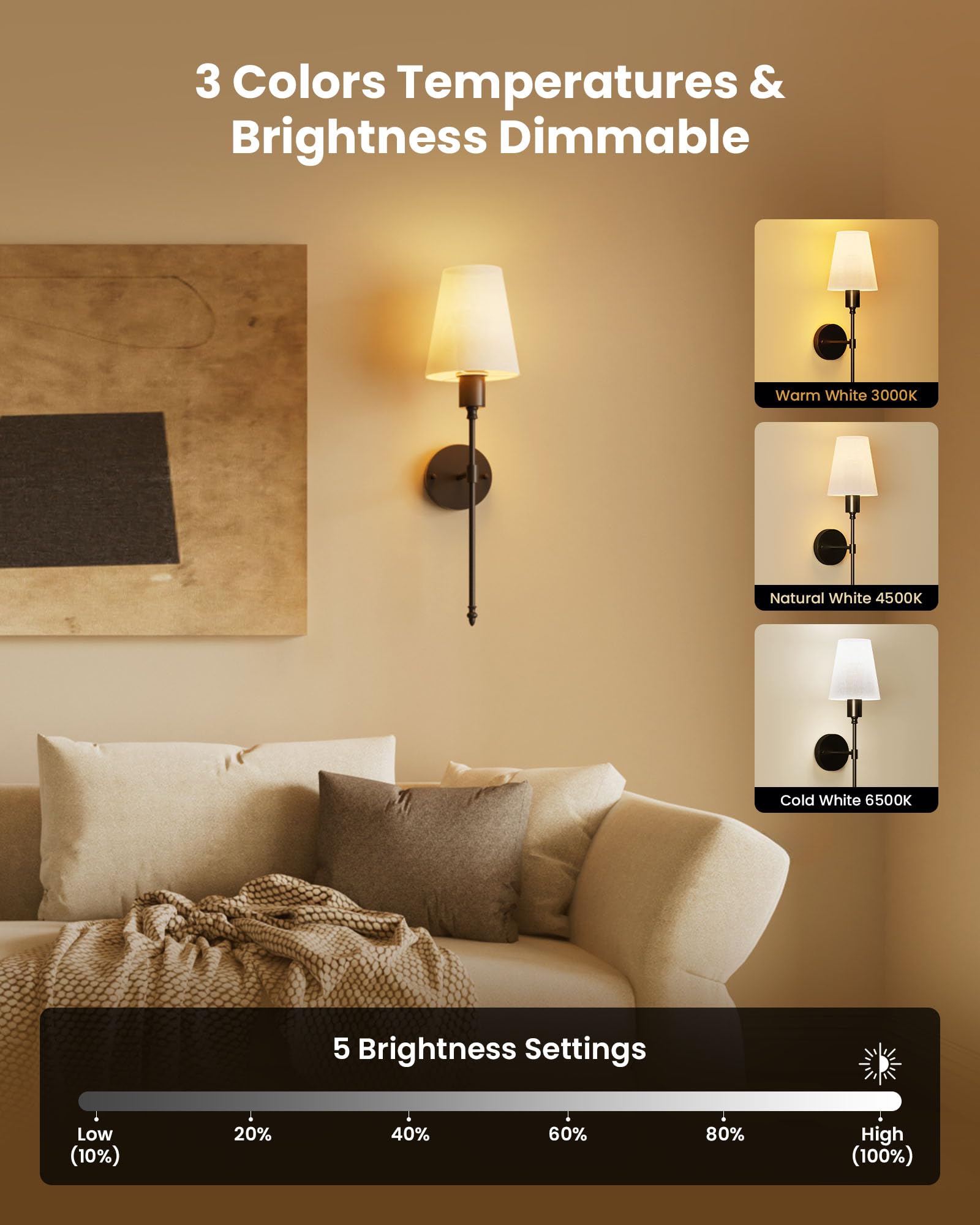 10-hour battery life on FULEN wall sconce supports all-day ambient light