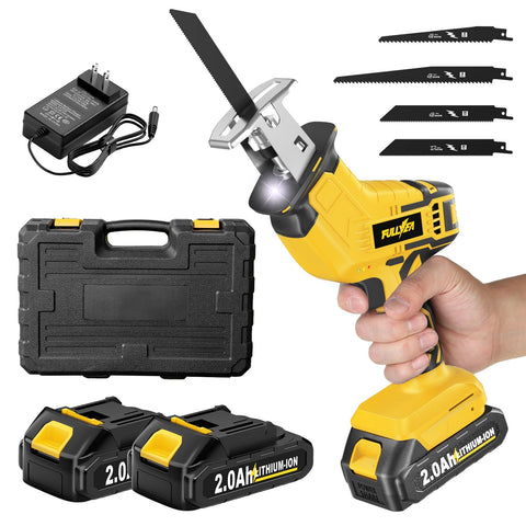 FULLYEA cordless reciprocating saw cutting wood with precise speed control.