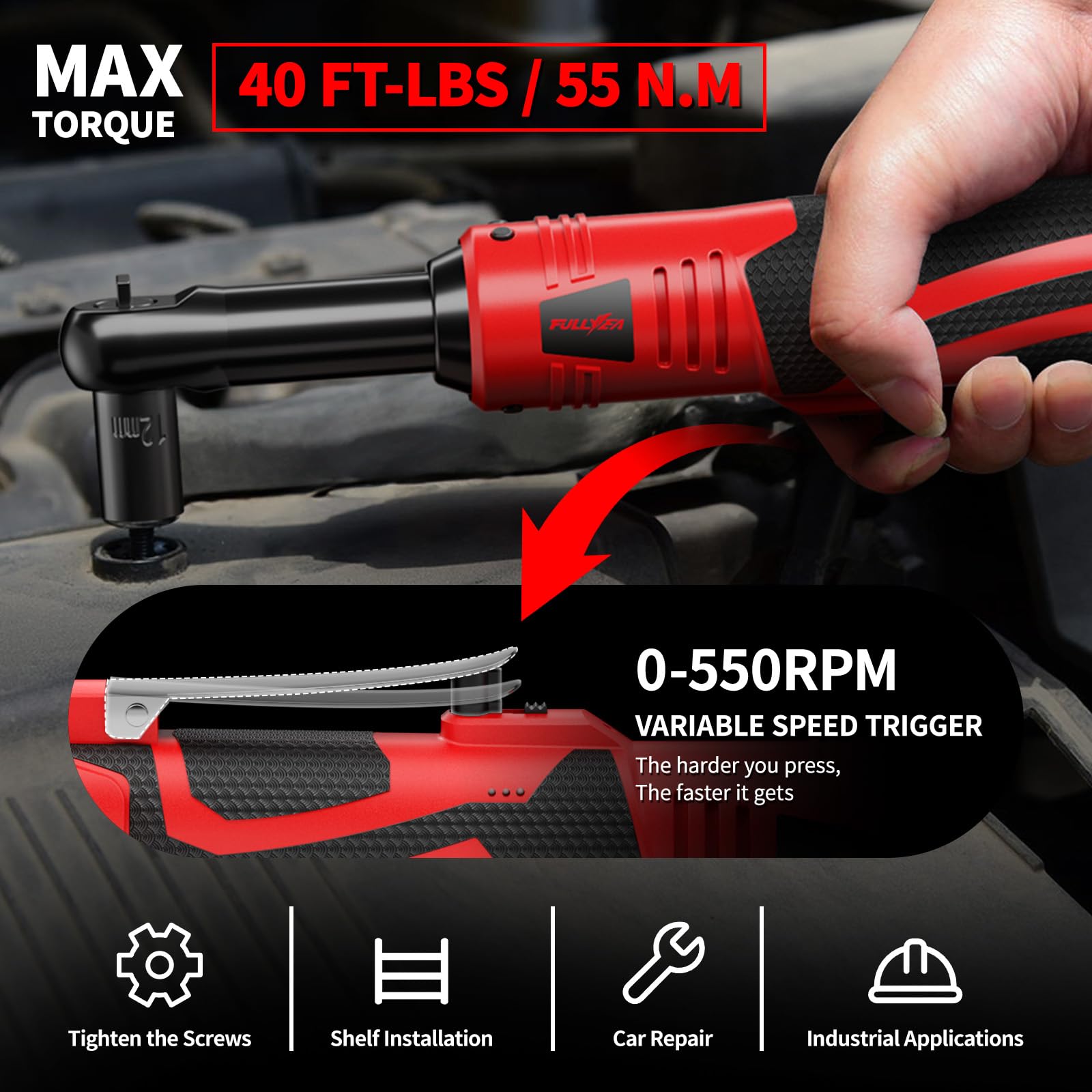 FULLYEA variable speed control enables precise torque for various tasks.