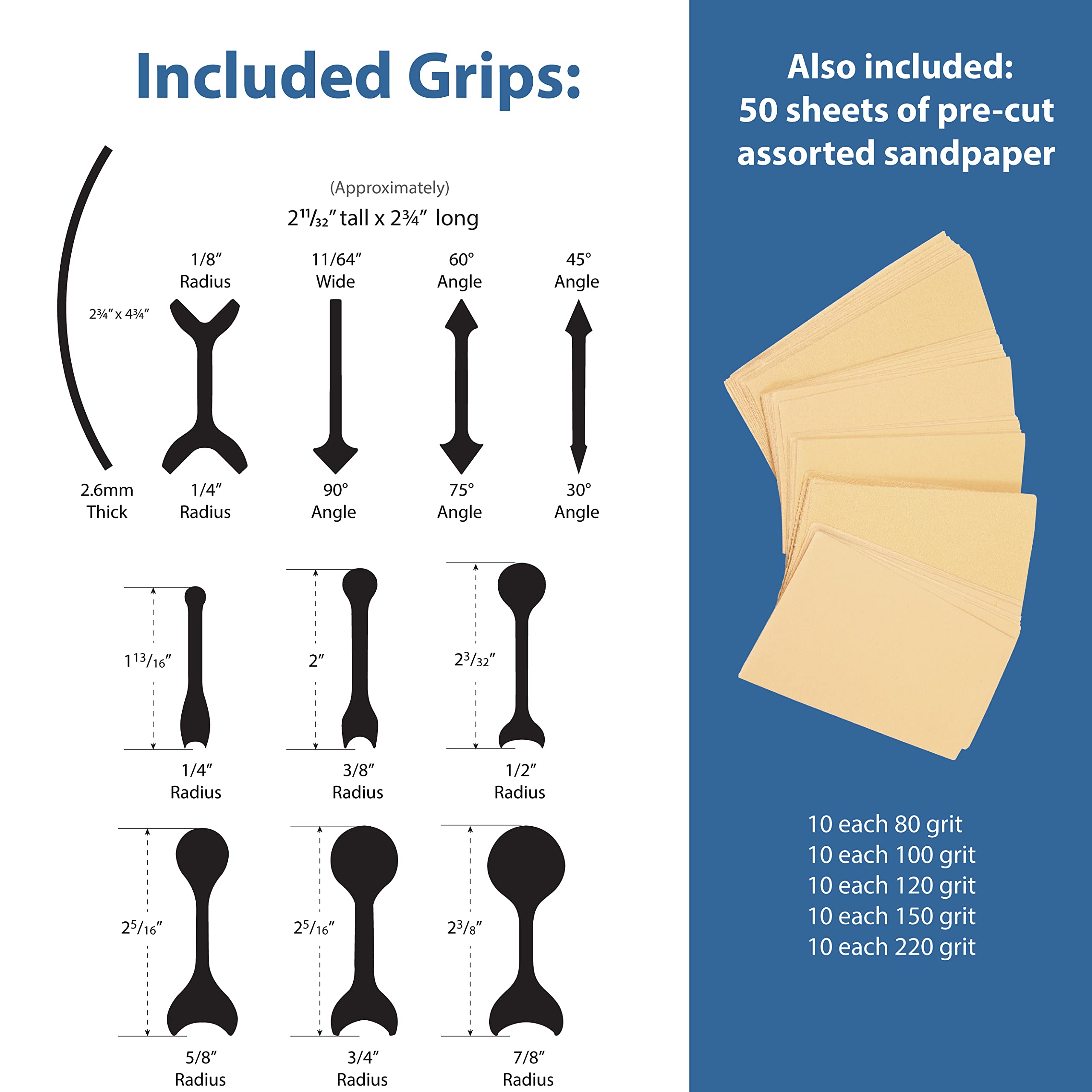 Fulton 21 Profile Sander kit includes 11 grips and 50 sheets.