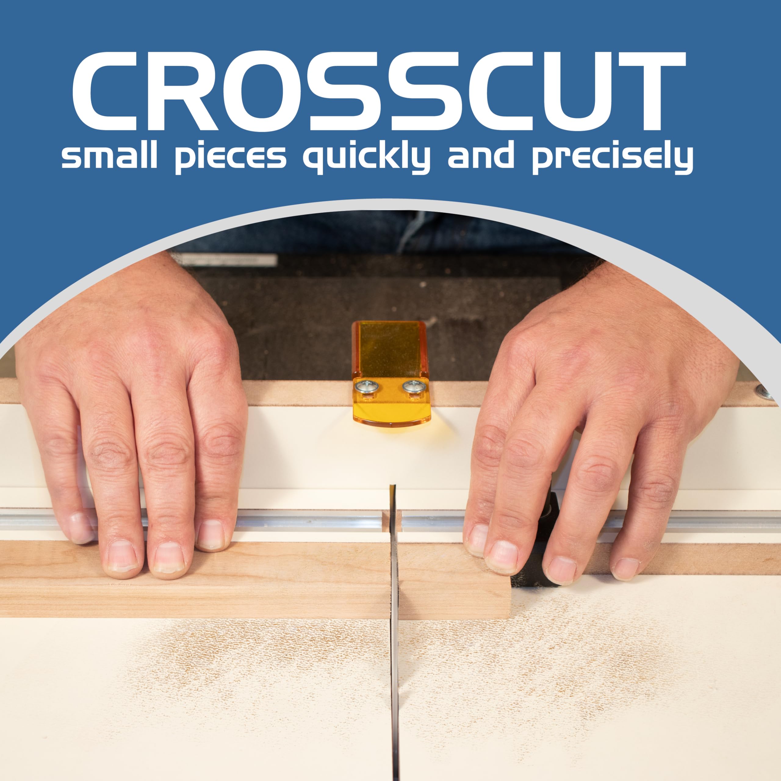 Fulton crosscut sled features a composite stop block preventing blade contact for safe repeat cuts.