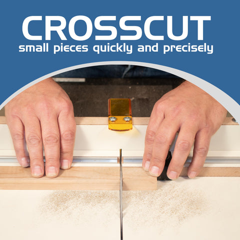 Fulton crosscut sled features a composite stop block preventing blade contact for safe repeat cuts.