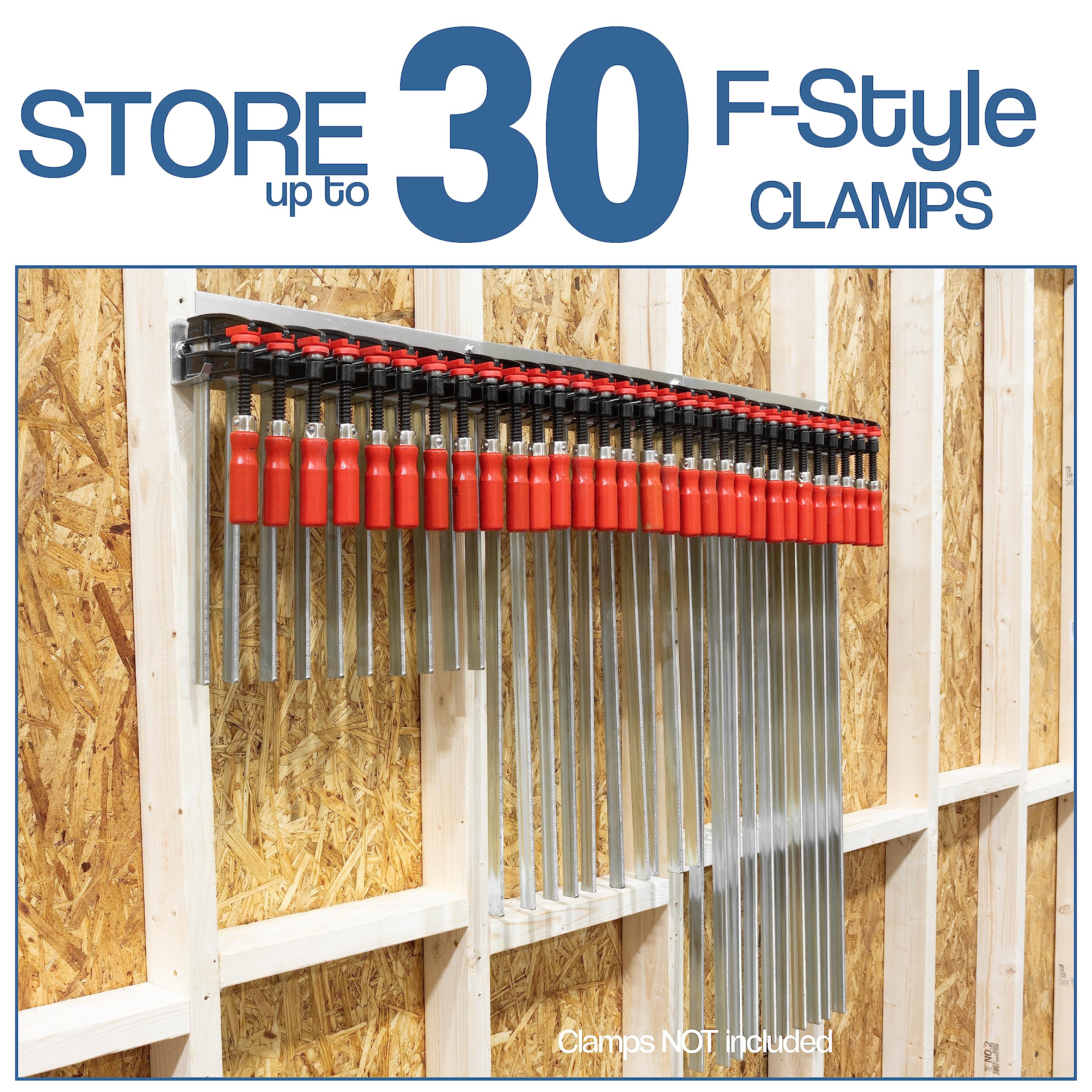 Fulton F-Clamp Modular Rack mounted on wall studs for space efficiency.