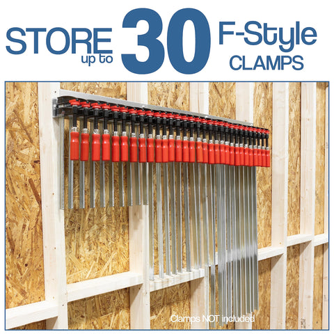 Fulton F-Clamp Modular Rack mounted on wall studs for space efficiency.