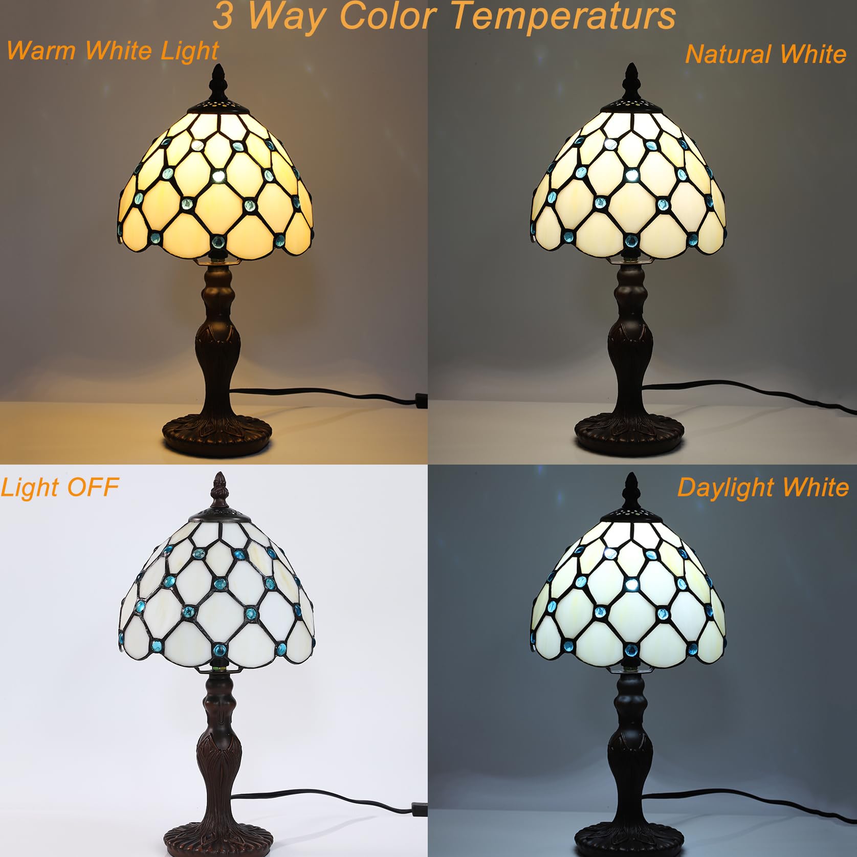 FUMAT Tiffany table lamp showing 3-way LED control for versatile use.
