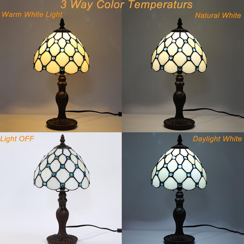 FUMAT Tiffany table lamp showing 3-way LED control for versatile use.