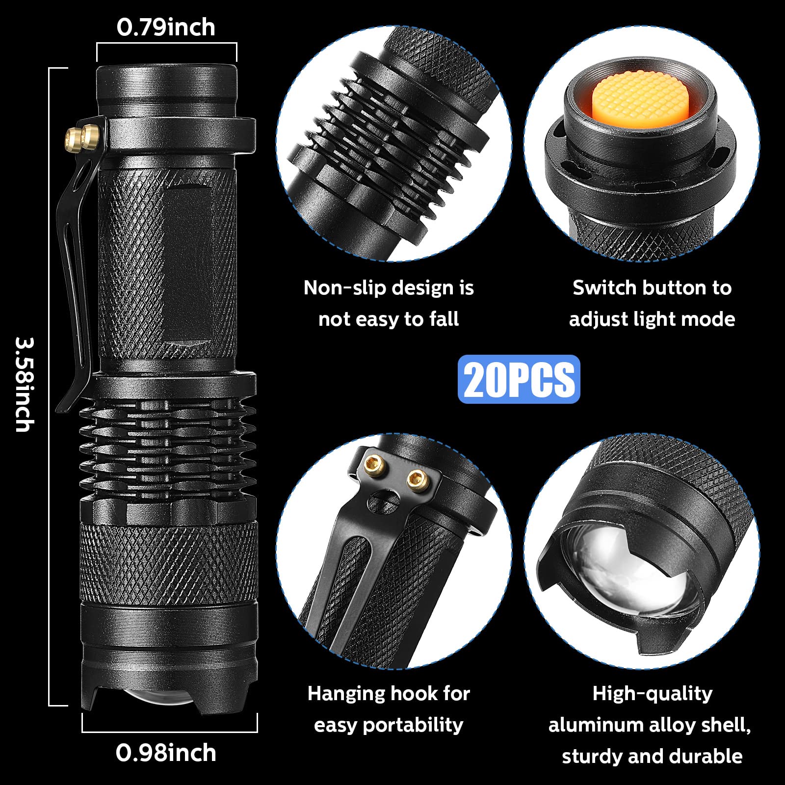 Fumete tactical flashlight 3-mode features high, low, and strobe settings.