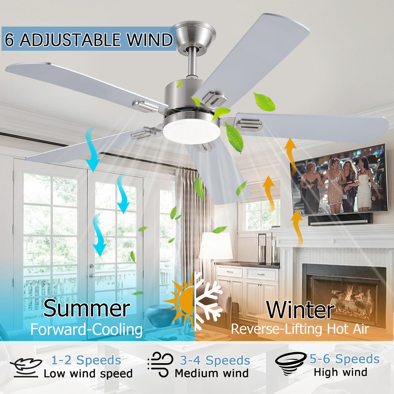 FUMLTP nickel finish ceiling fan with wooden blades enhances style and airflow in living spaces.