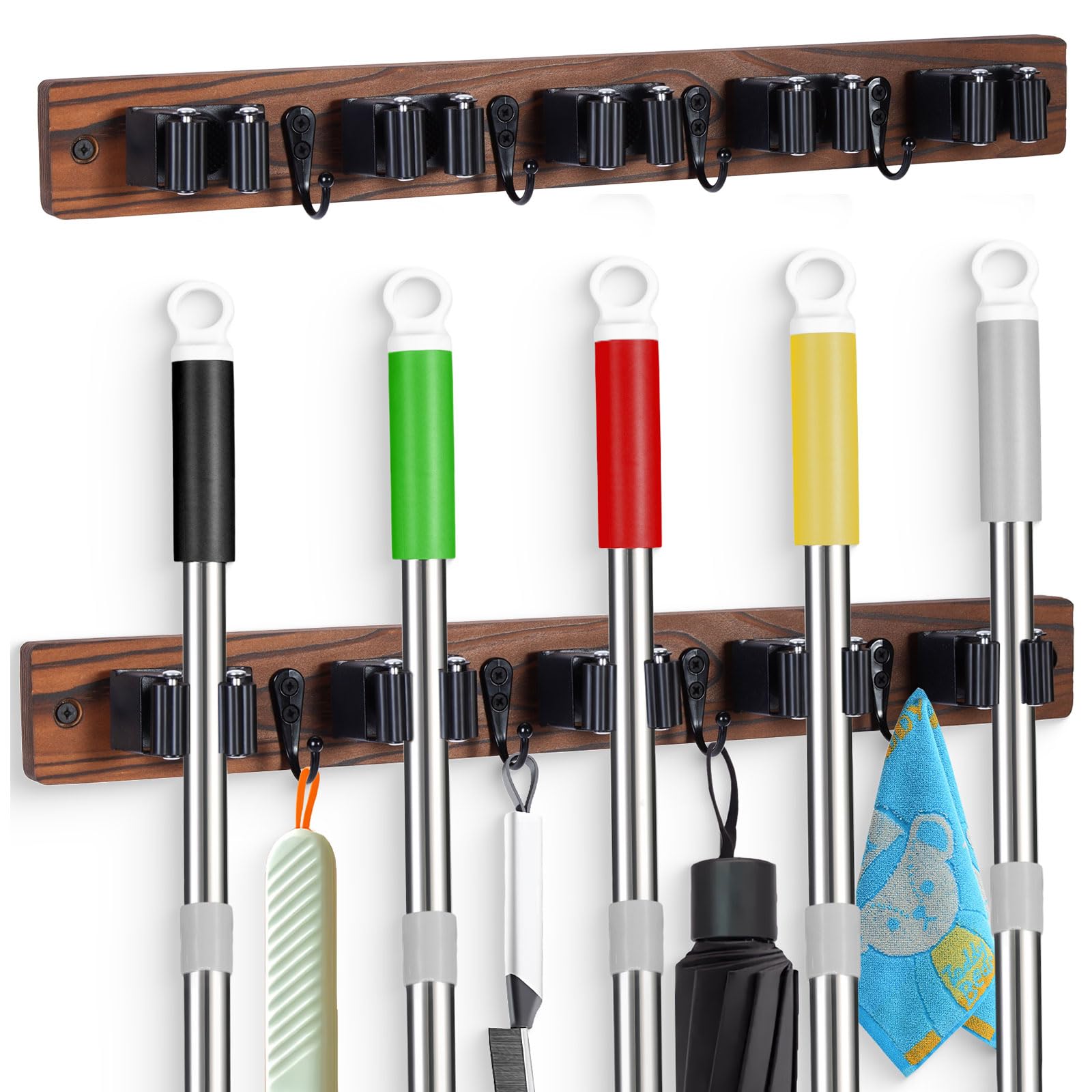 FunCee broom holder wall mount with five slots and four hooks for organized laundry or garage.