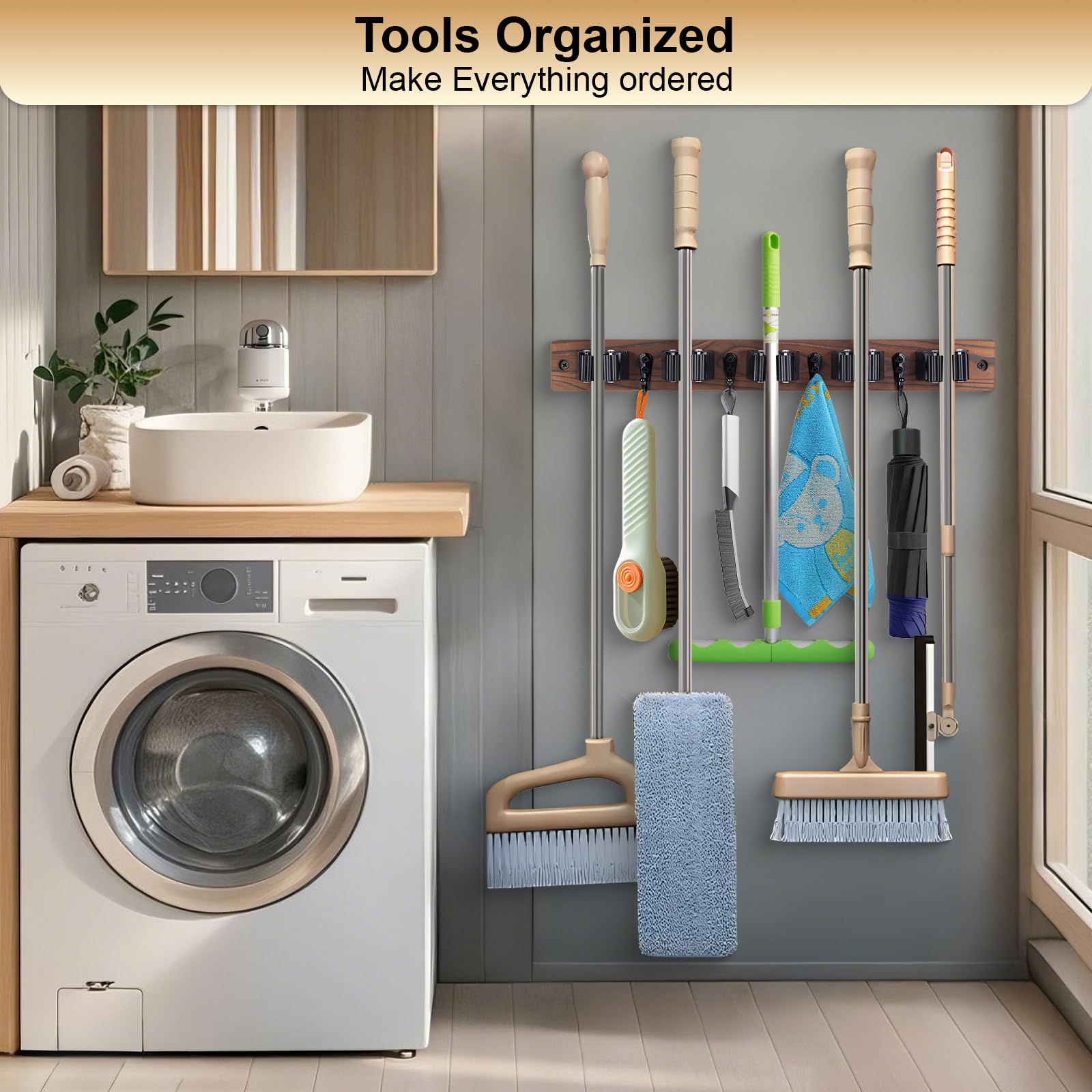 FunCee rustic wood broom hanger securely holds brooms and mops.