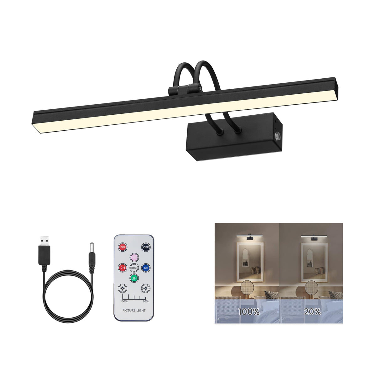 FUNCHDAY picture light mounted on wall with remote for easy brightness control.