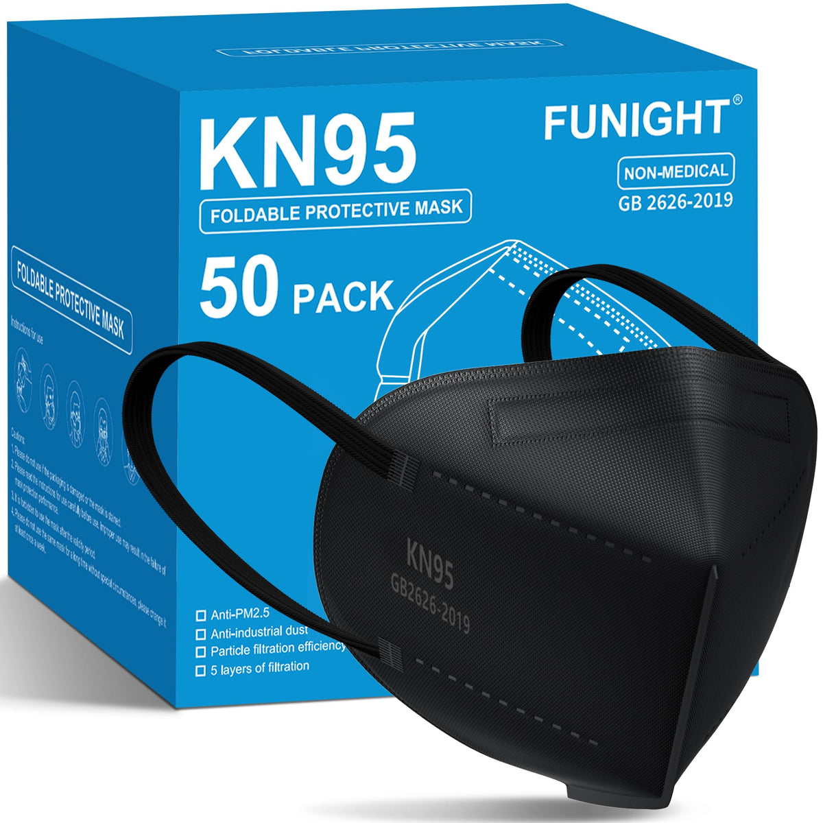Funight KN95 black mask, 5-ply design, provides breathable daily protection