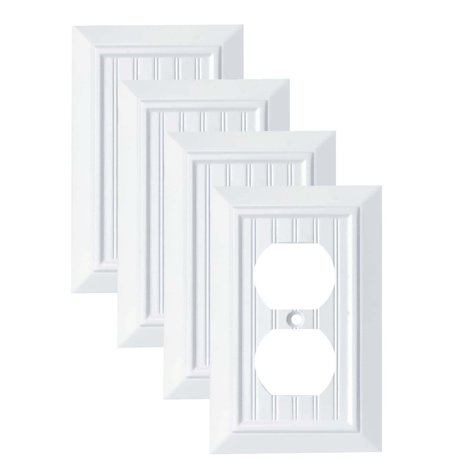 Funkiim Pure White beadboard wall plate 1-gang duplex, easy-clean finish.