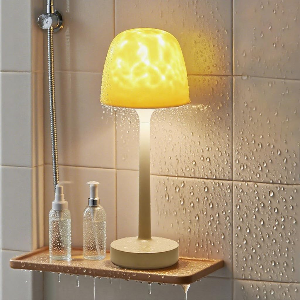 Funlenry spa lamp in shower provides safe, waterproof ambiance.