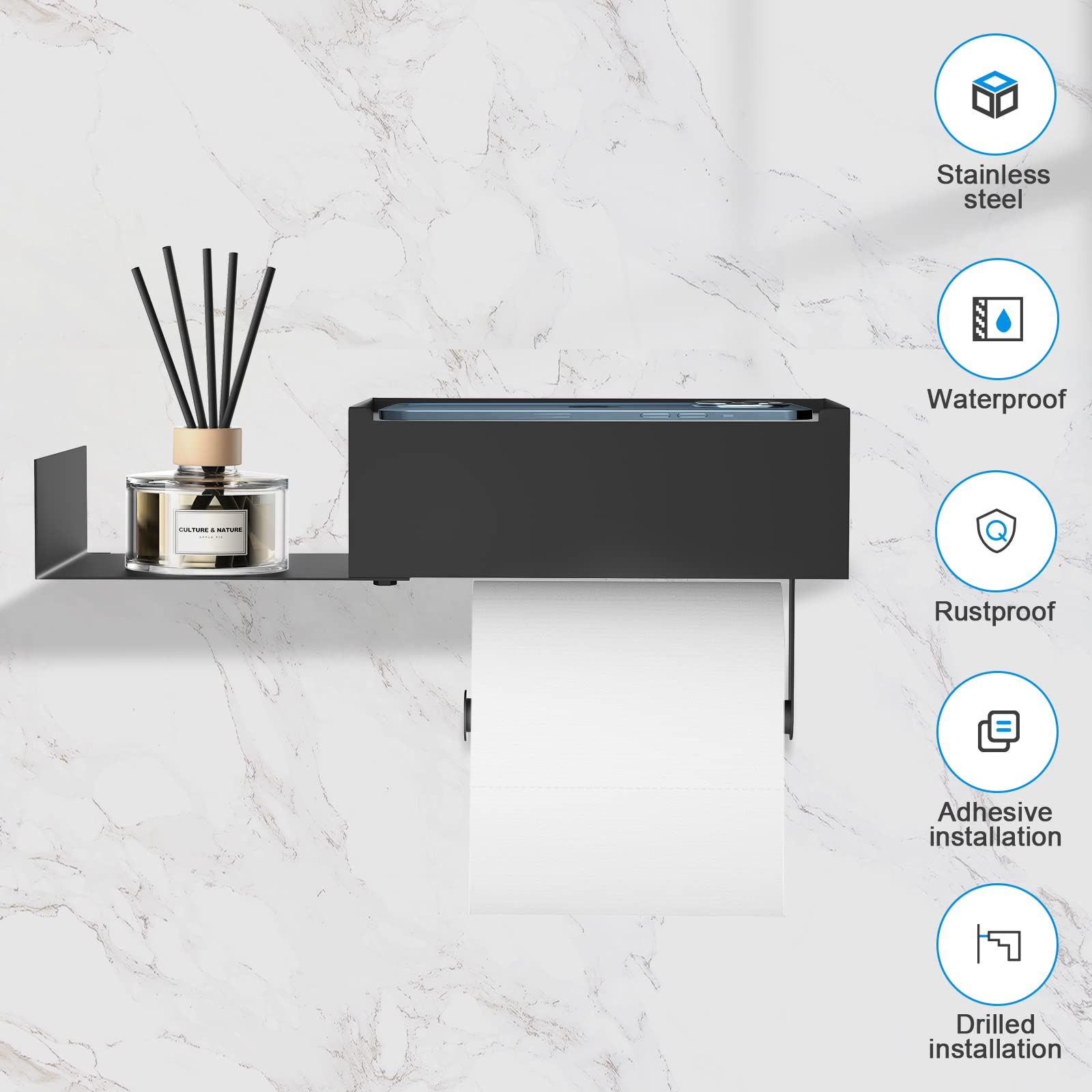 FUNLEU self-adhesive toilet paper holder with storage offers quick, tool-free installation.
