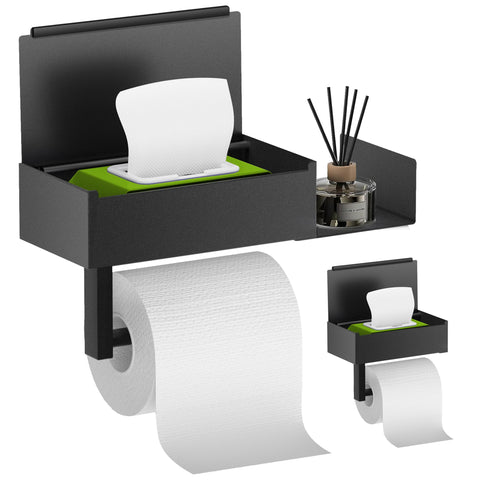 FUNLEU toilet paper holder with shelf in matte black keeps essentials within reach.