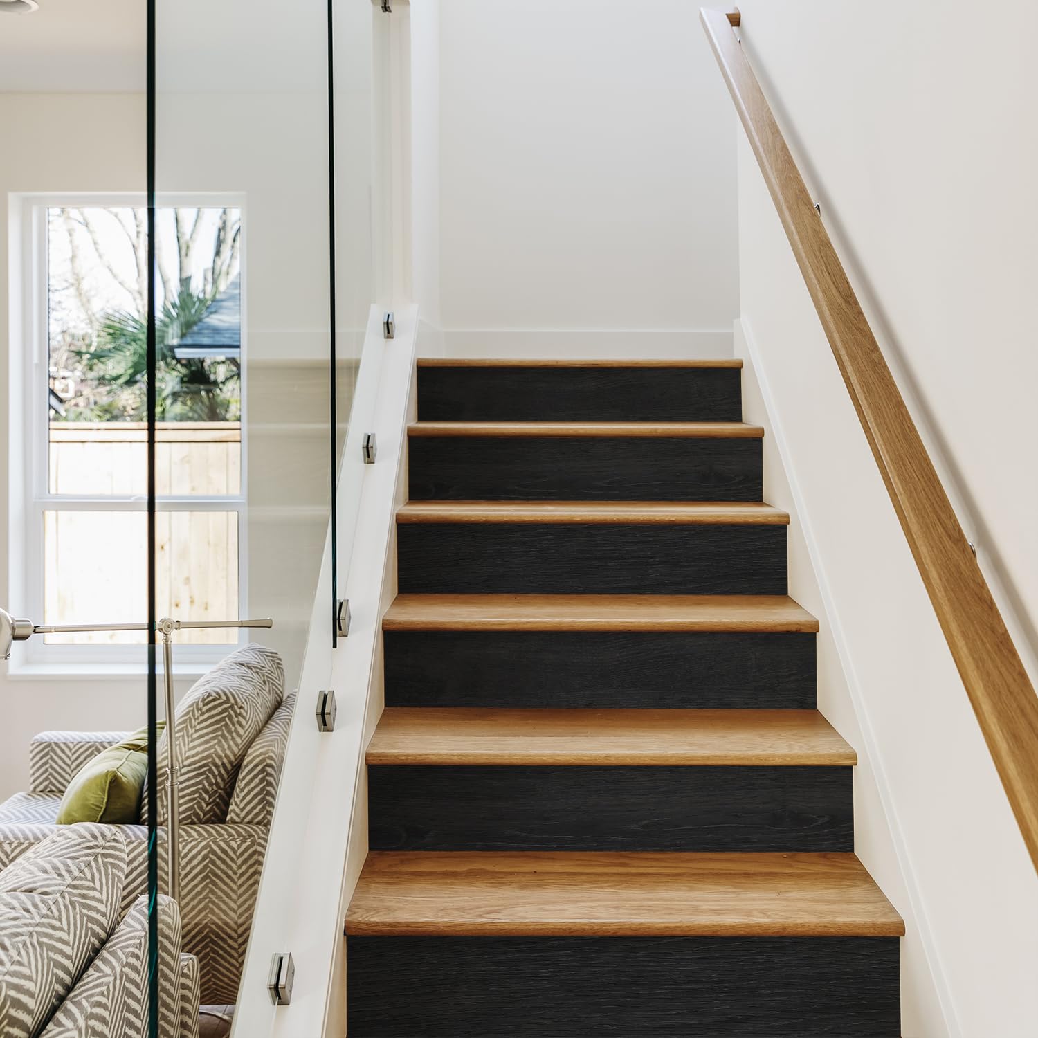 Funlife 14-strips stair riser decal close-up shows embossed wood grain texture for premium look.