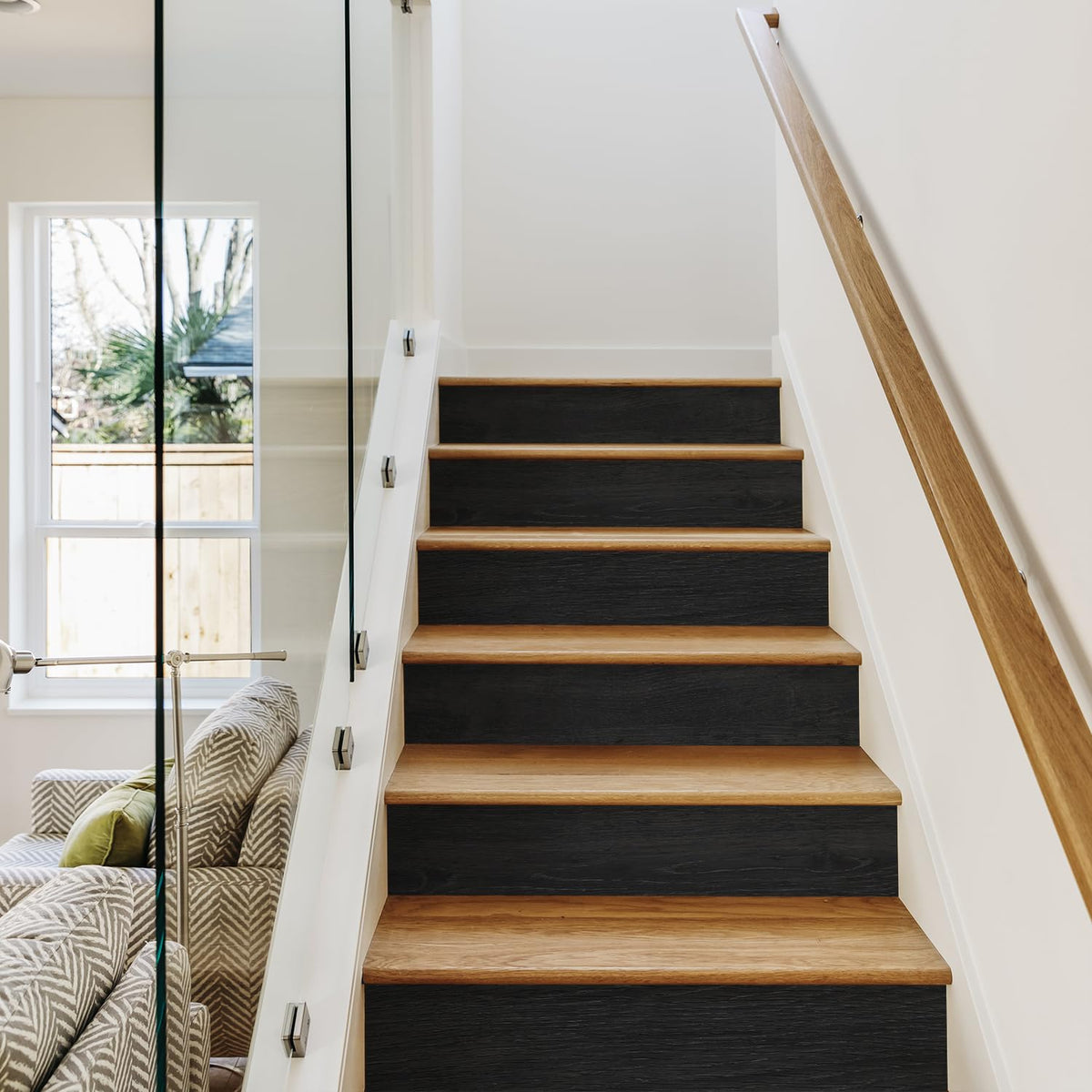 Funlife 14-strips stair riser decal close-up shows embossed wood grain texture for premium look.