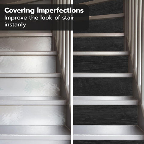 Funlife embossed wood grain texture on stair riser for elegant detail.