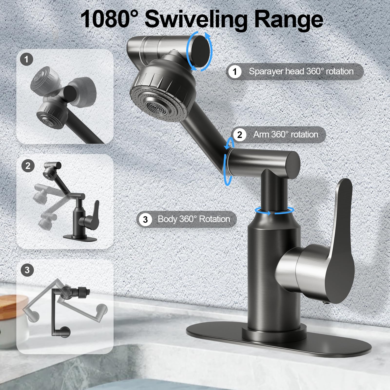 FunnyAir faucet adaptable to 1-hole or 3-hole bathroom sinks