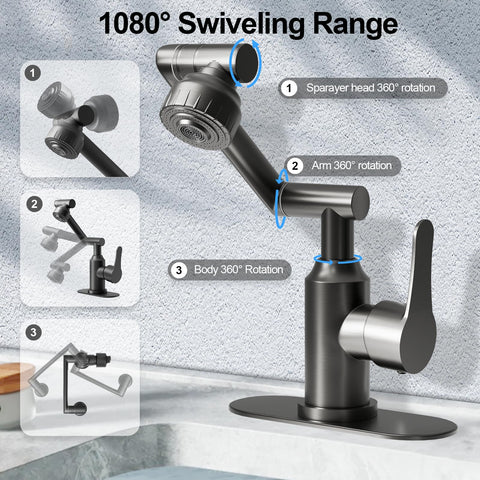 FunnyAir faucet adaptable to 1-hole or 3-hole bathroom sinks
