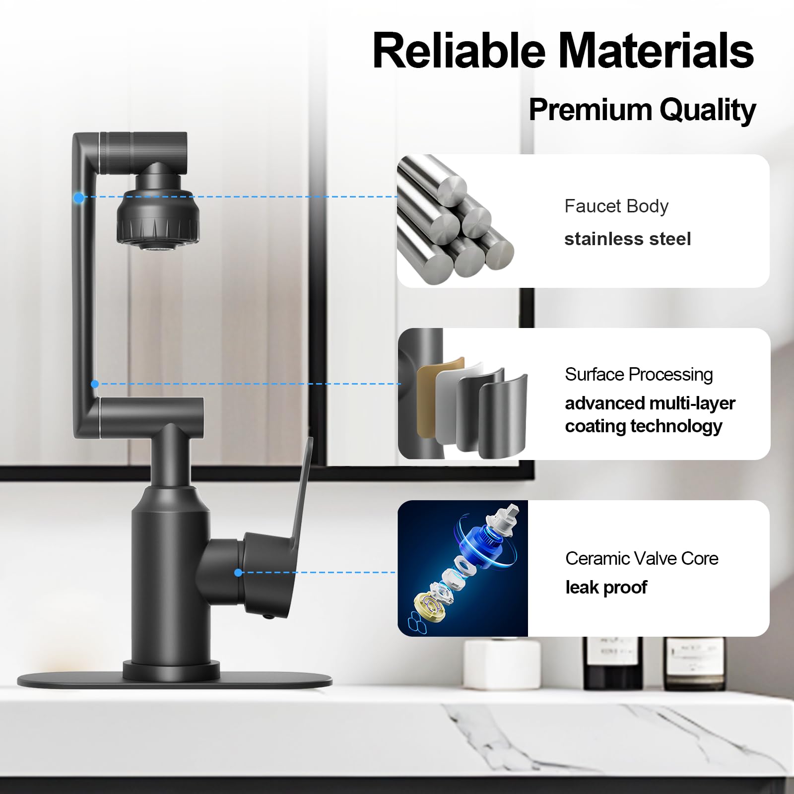 FunnyAir matte-black finish helps reduce splashes for tidy countertops.