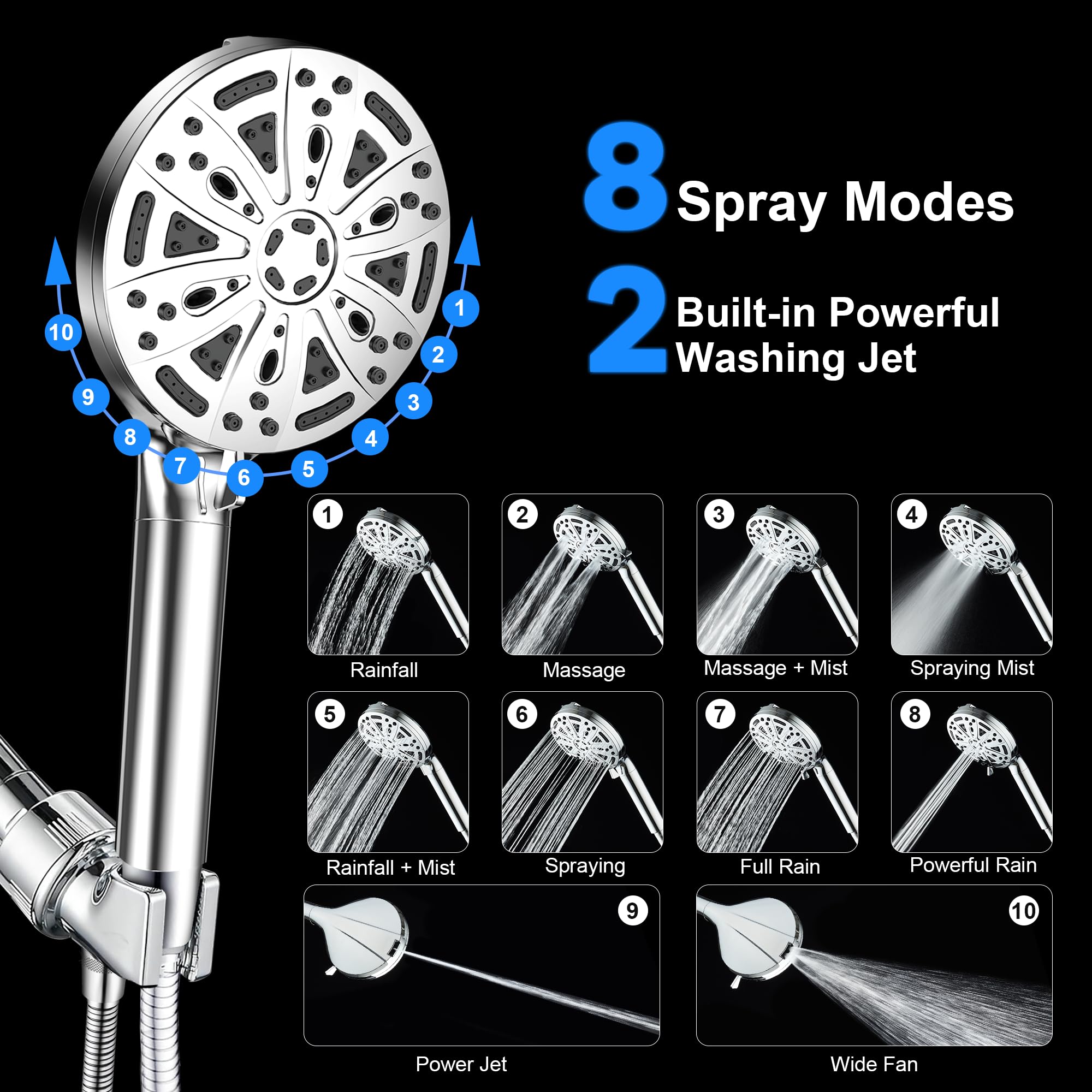 FunnyAir shower head with 10 spray modes for customized showers.