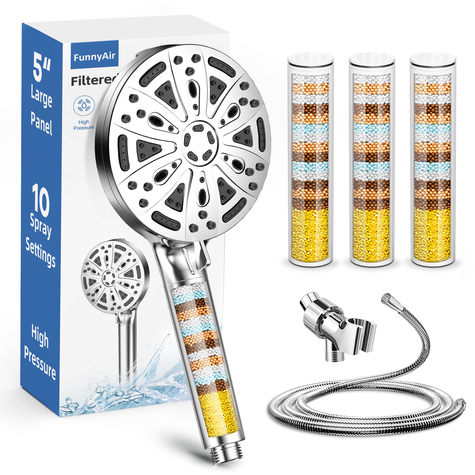 FunnyAir filtered shower head with handheld, ergonomic grip for easy rinsing.