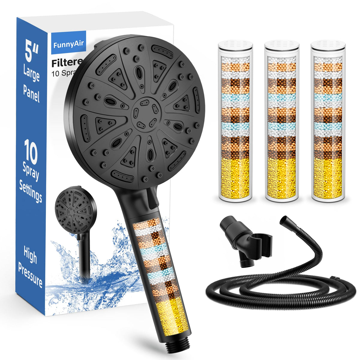 FunnyAir filtered shower head panel delivers full-coverage spray for a refreshing rinse.
