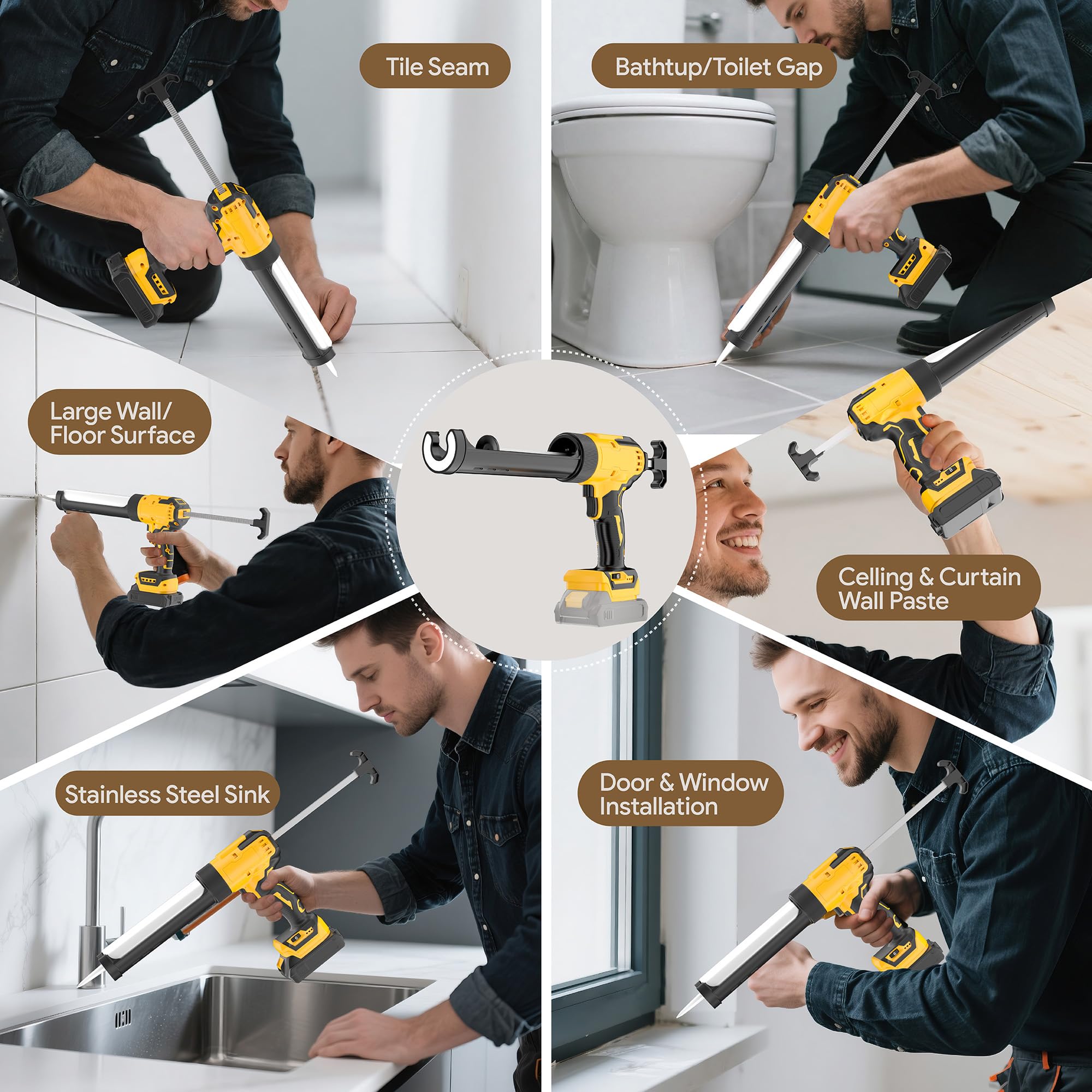 Funnywhale caulking gun with LED display shows voltage and usage time.