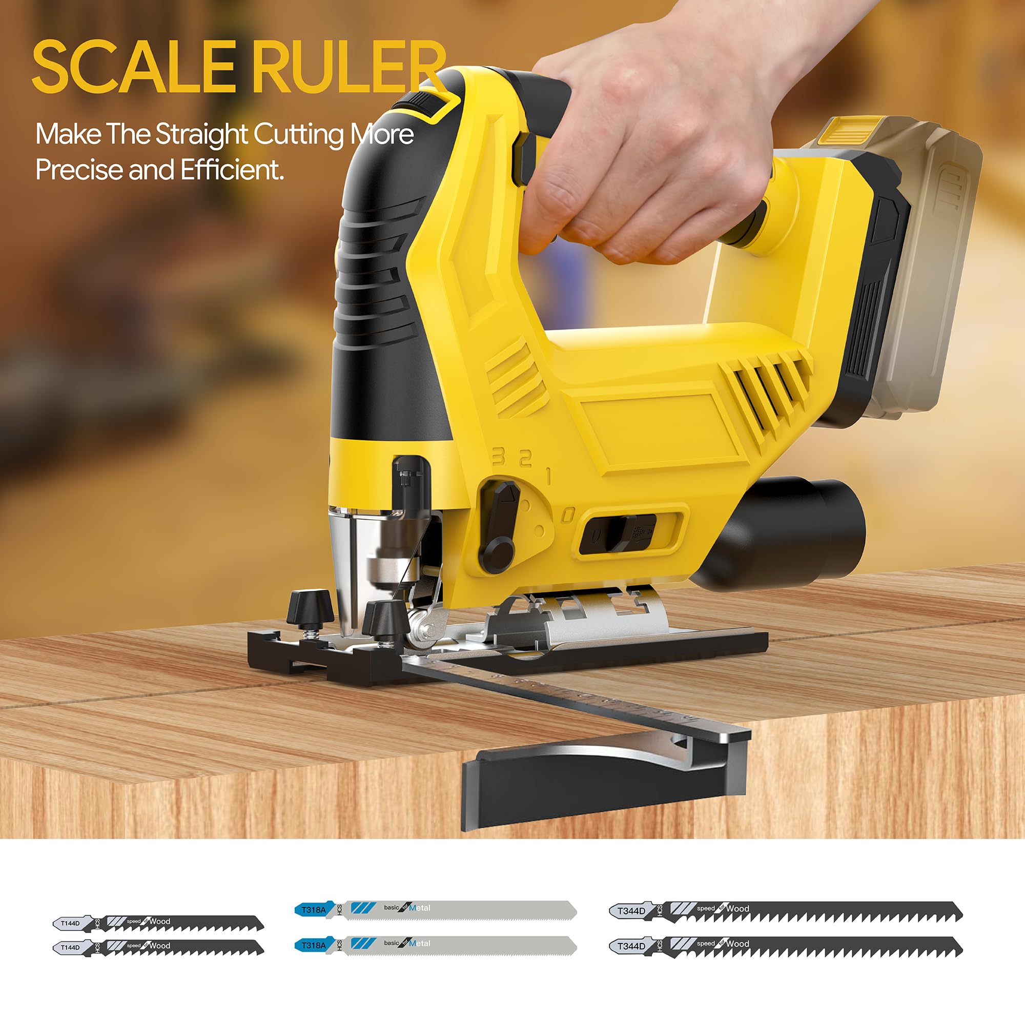 Includes six blades for wood, PVC, metal and aluminium