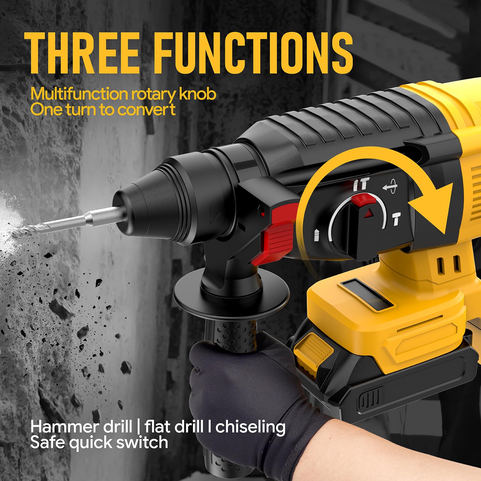 Funnywhale SDS cordless rotary hammer drill 360 handle for comfortable overhead use