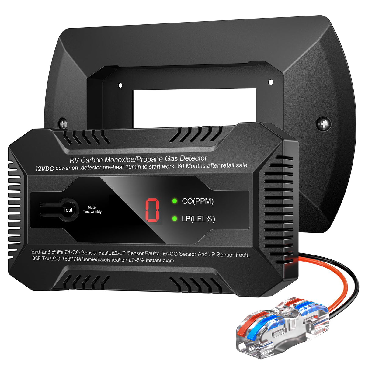 Funomo dual CO/LP alarm with bracket, front view for RV safety