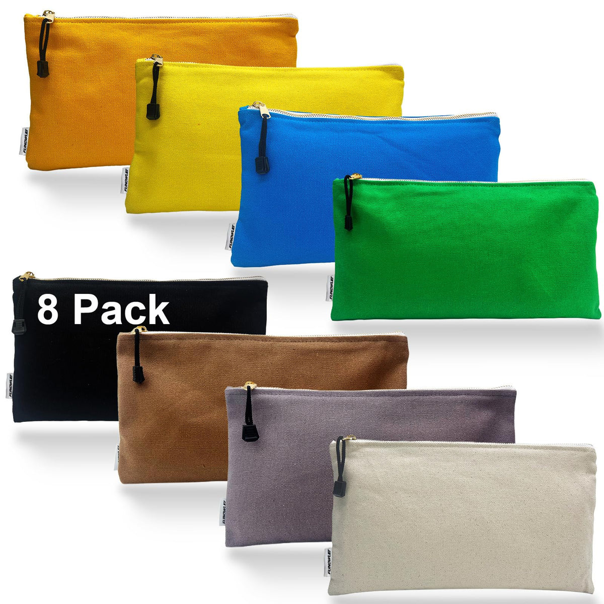FunOwlet eight pack canvas tool bags front view for color coded organization